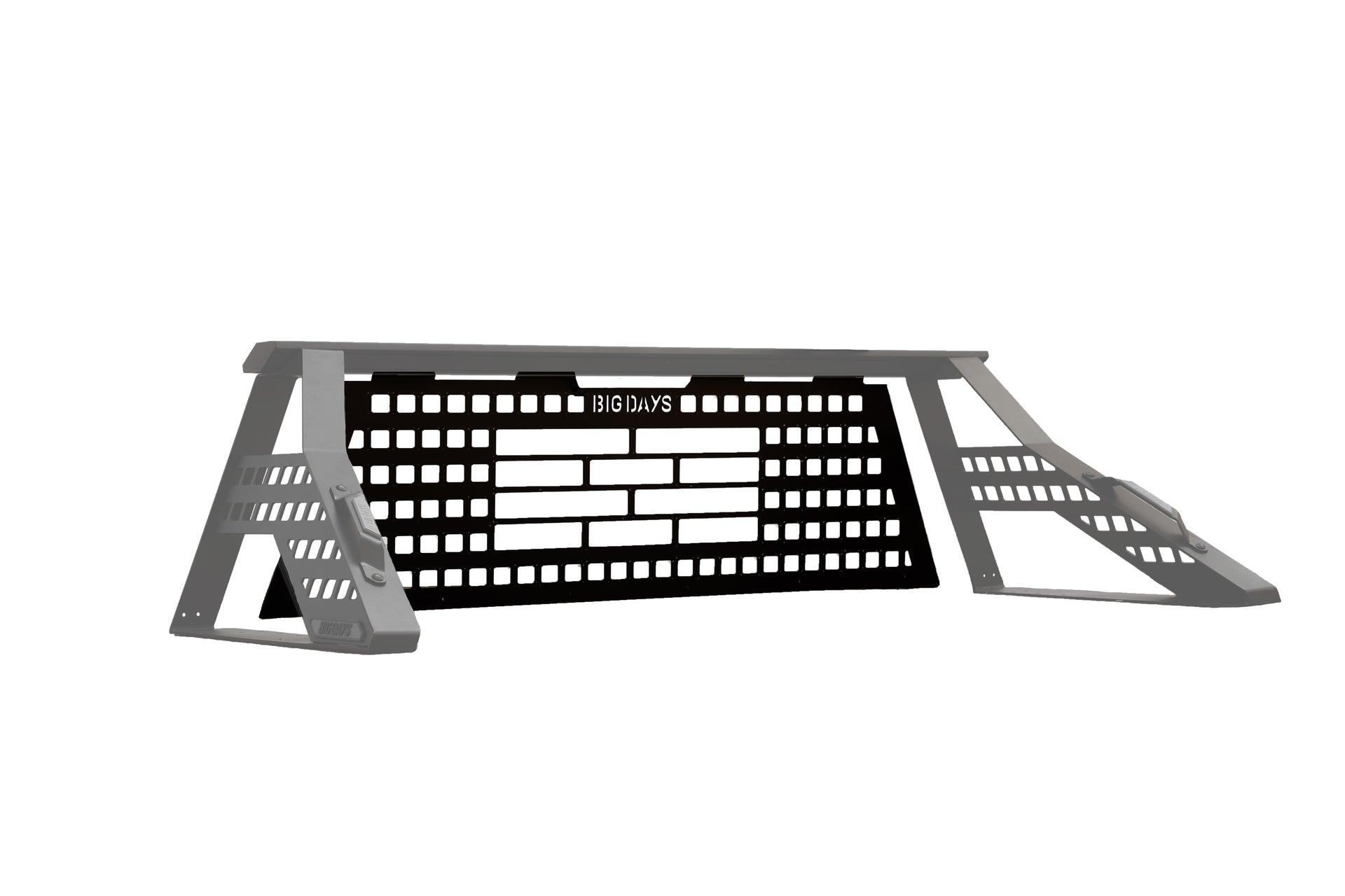 A headache rack attachment for the Big Days Chase Rack to protect the back window of a truck for dirt bikes, ATVs, ladders, utility