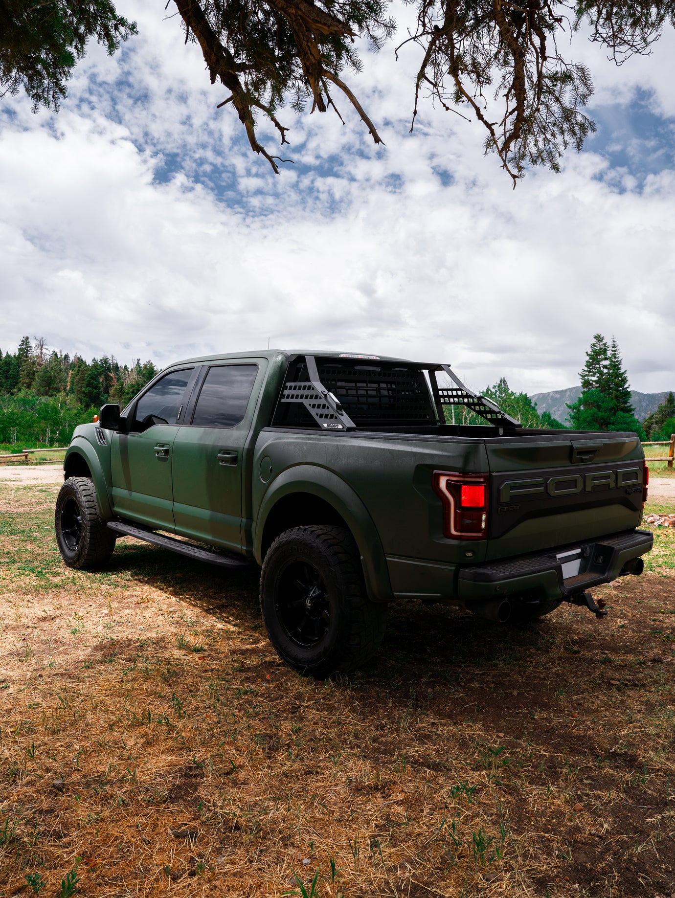 A Ford F150 Raptor with a Chase Rack or sport rack or sport bar the Big Days Rack for offroading  