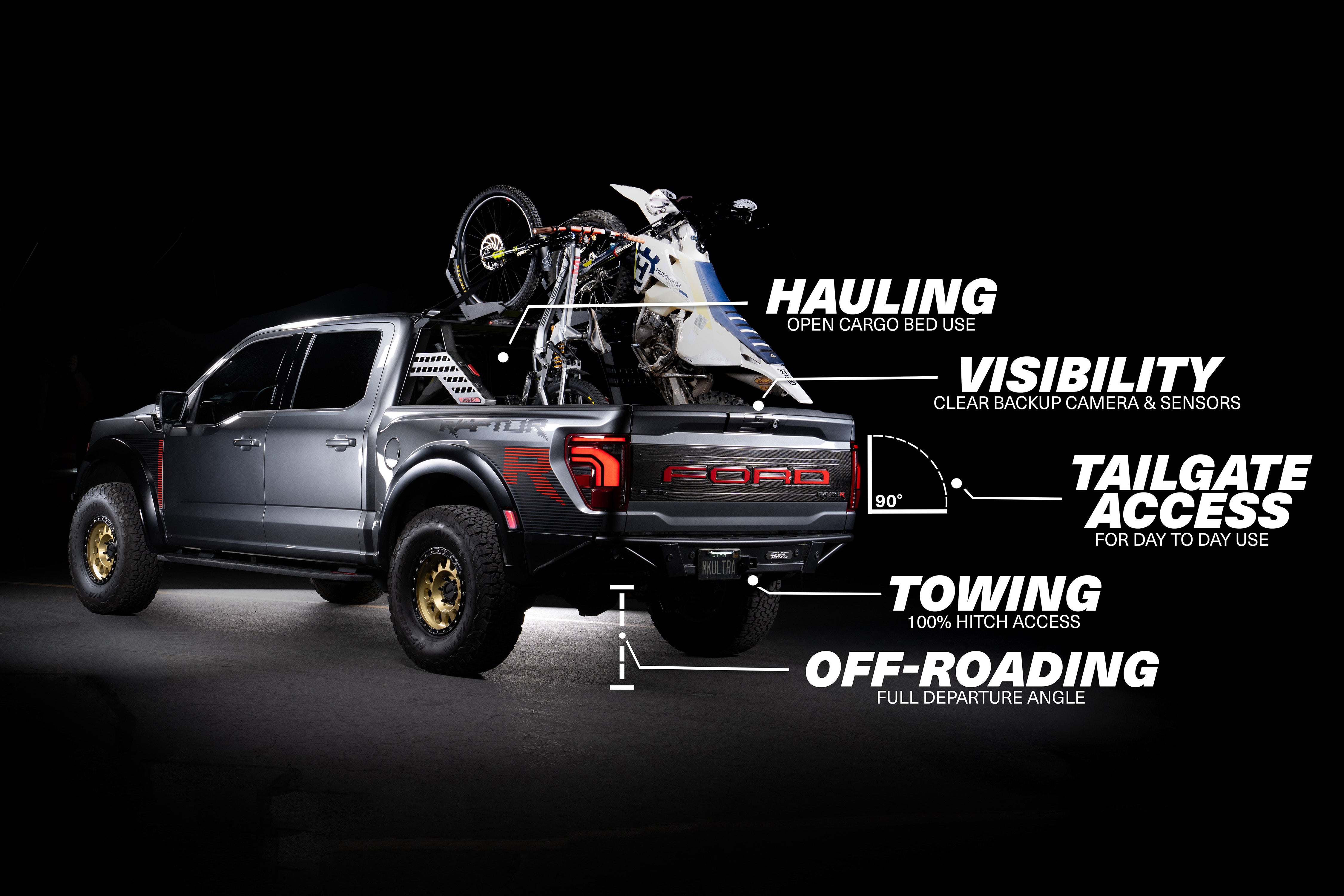 A picture showing the strengths of the Big Days Chase Rack System for pickup trucks, it helps with hauling, backup cameras, tailgate access, towing, and off roading